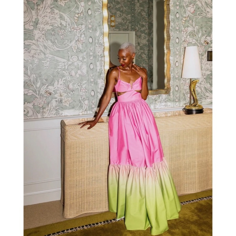 Sau Lee Nova Cut Out Pink and Green Chartreuse Ombré Maxi Gown - Picture 3 of 13